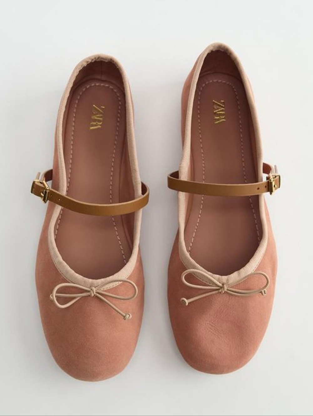 NWT Zara Pink Blush Suede Ballerina Flats with Strap - Size 11